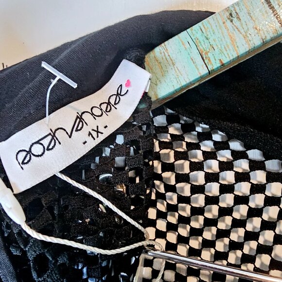 Posh Shoppe Sheer Feather Sleeve High Neck Full Mesh Black Dress,  1X, NWT - Picture 10 of 11